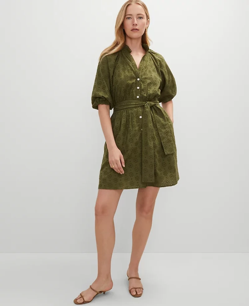 Ann Taylor Petite Eyelet Ruffle Neck Flare Dress Moss Green Women's