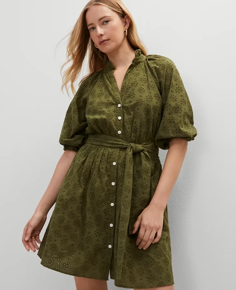 Ann Taylor Petite Eyelet Ruffle Neck Flare Dress Moss Green Women's