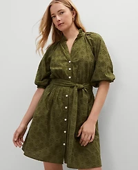Ann Taylor Petite Eyelet Ruffle Neck Flare Dress Moss Green Women's