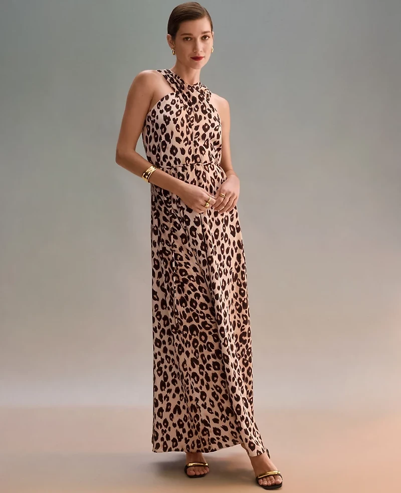 Ann Taylor Petite Animal Print Halter Maxi Dress _Black Women's
