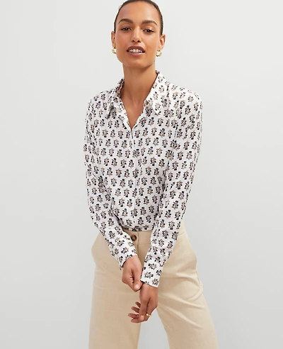 Ann Taylor Petite Floral Satin Essential Shirt Winter White Women's