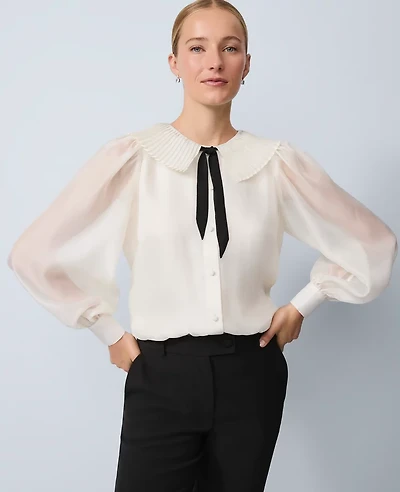 Ann Taylor Pleated Collar Tie Neck Blouse Winter White Women's