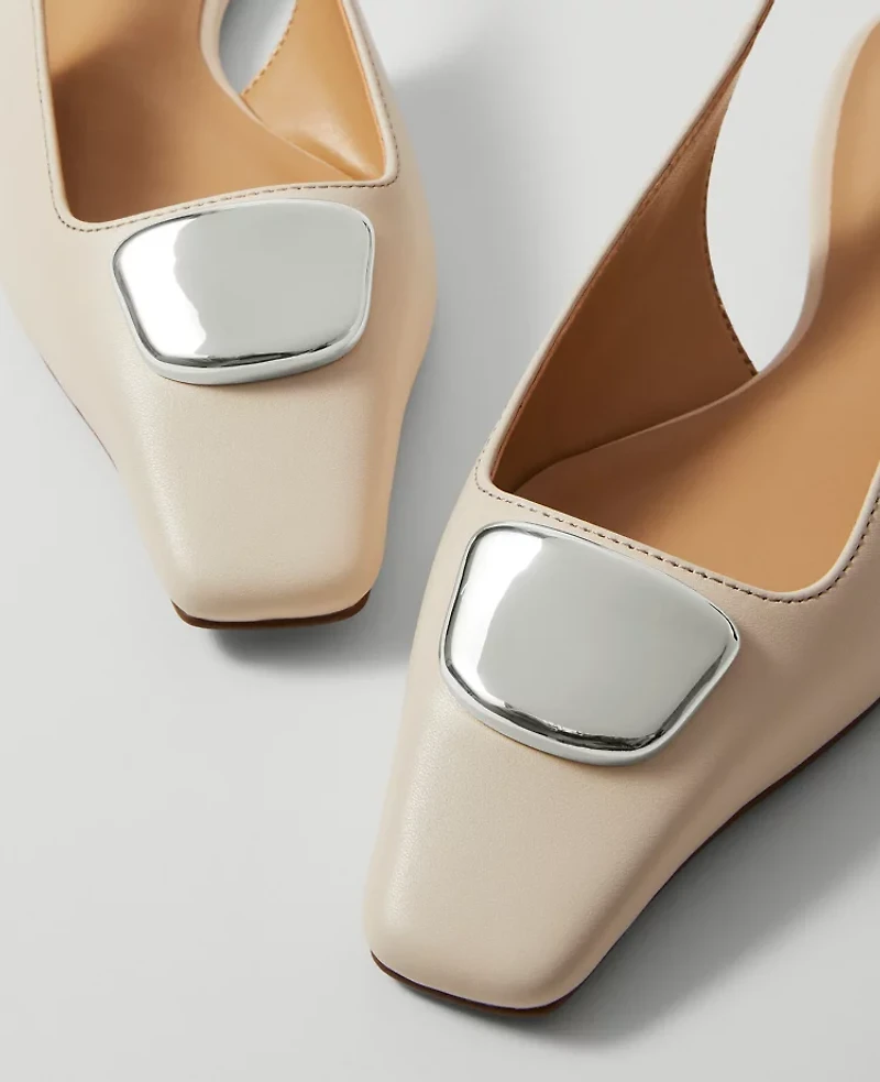 Ann Taylor Weekend Collection Hardware Embellished Leather Slingback Flats Cream Beige Women's