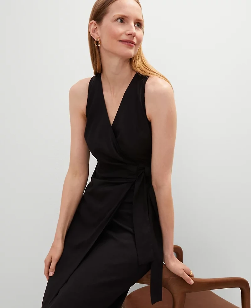 Ann Taylor Petite Linen Blend V-Neck Wrap Dress Size 00 Black Women's