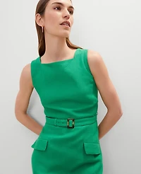 Ann Taylor Petite Square Neck Belted Shift Dress Size 16 Natural Green Women's