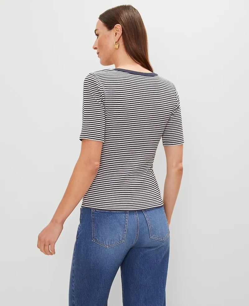 Ann Taylor Petite Striped Contrast Trim Henley Top Navy/White Combo Women's