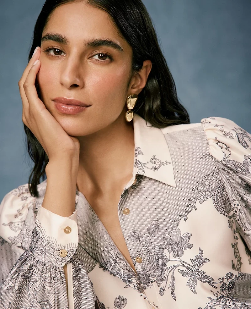 Ann Taylor Floral Satin Blouse Ivory Whisper Women's