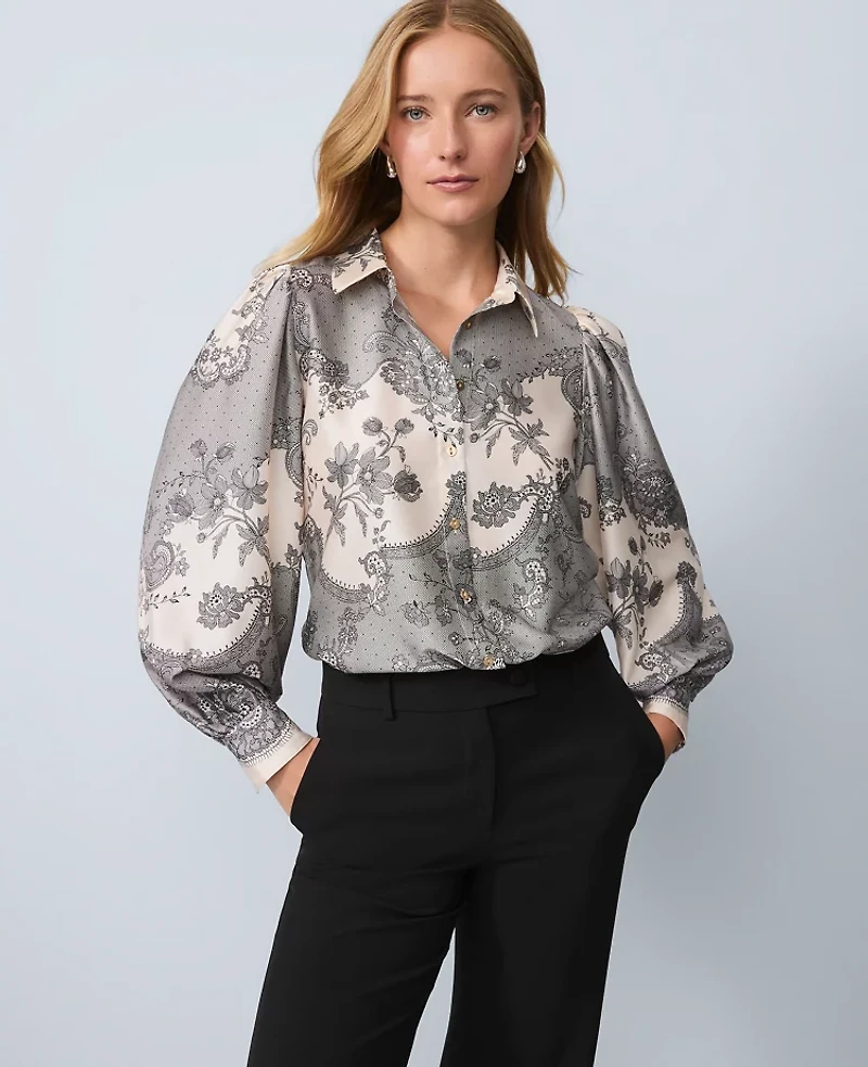 Ann Taylor Floral Satin Blouse Ivory Whisper Women's
