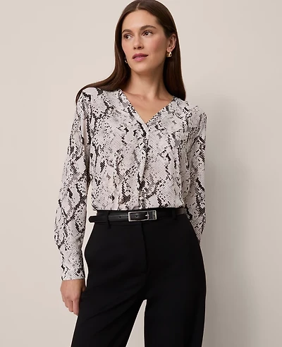 Ann Taylor Snake Print Mixed Media Top Winter White Women's