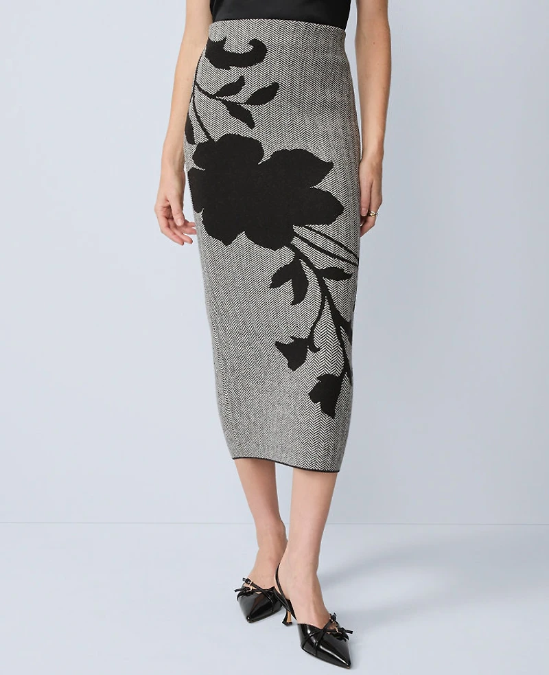 Ann Taylor Herringbone Floral Jacquard Sweater Skirt Black Women's