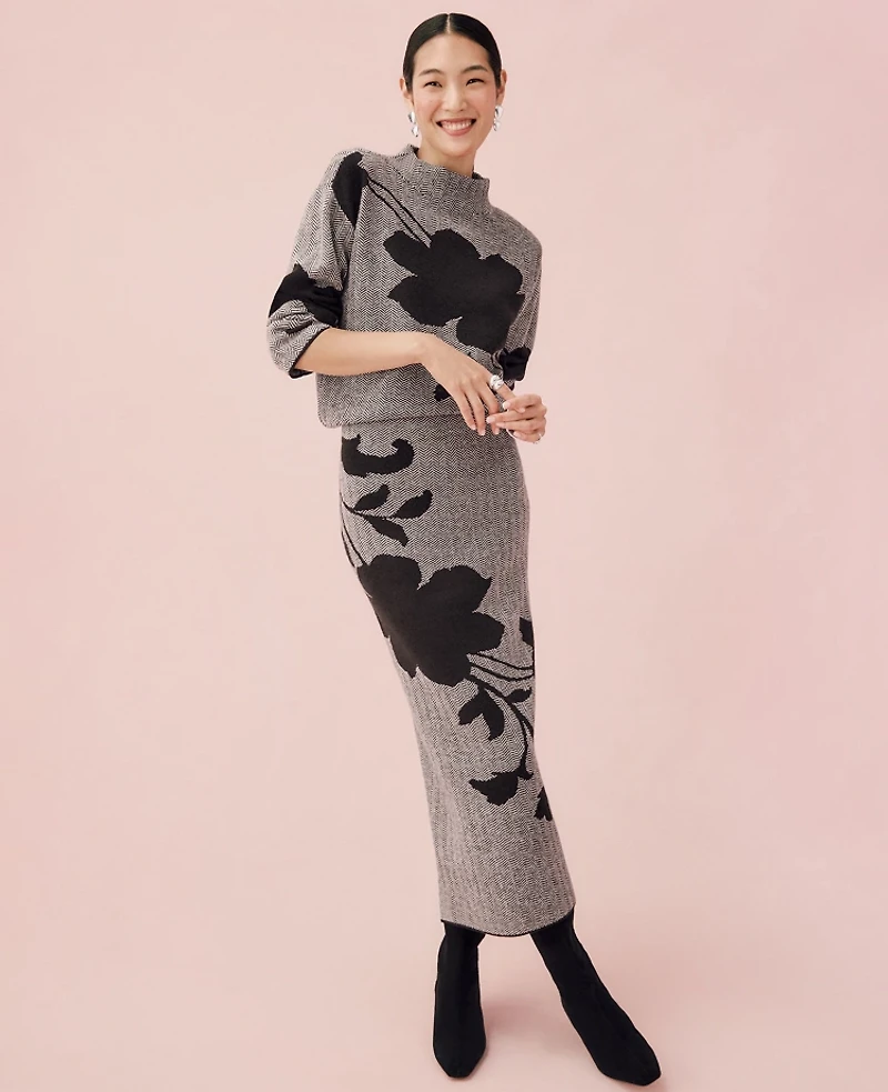 Ann Taylor Herringbone Floral Jacquard Sweater Skirt Black Women's