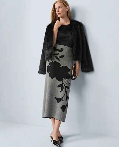 Ann Taylor Herringbone Floral Jacquard Sweater Skirt Black Women's