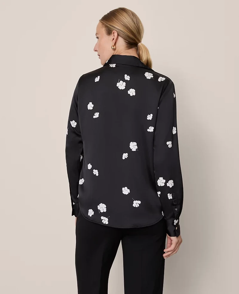 Ann Taylor Floral Satin Essential Shirt Black Women's