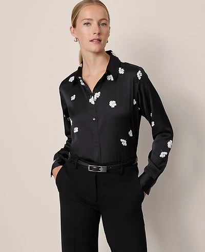 Ann Taylor Floral Satin Essential Shirt Black Women's