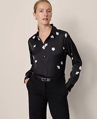 Ann Taylor Floral Satin Essential Shirt Black Women's