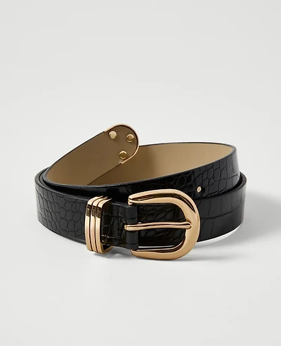 Ann Taylor Croco Patent Leather Belt Black Women's