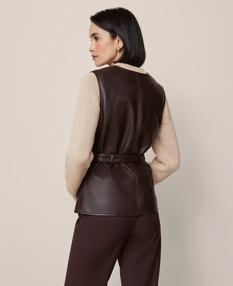 Ann Taylor Petite Belted Faux Leather Vest Pure Chocolate Women's