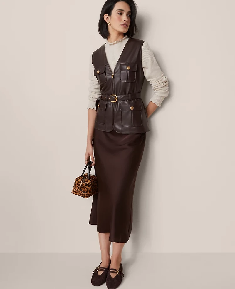 Ann Taylor Petite Belted Faux Leather Vest Pure Chocolate Women's