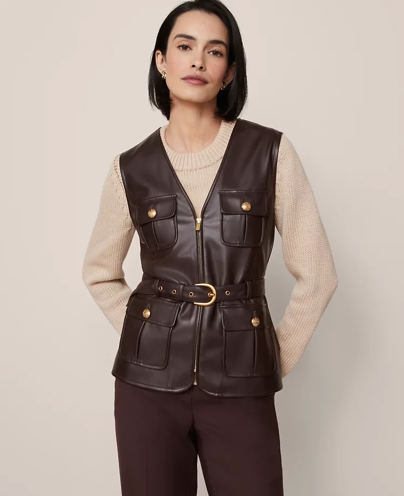 Ann Taylor Petite Belted Faux Leather Vest Pure Chocolate Women's