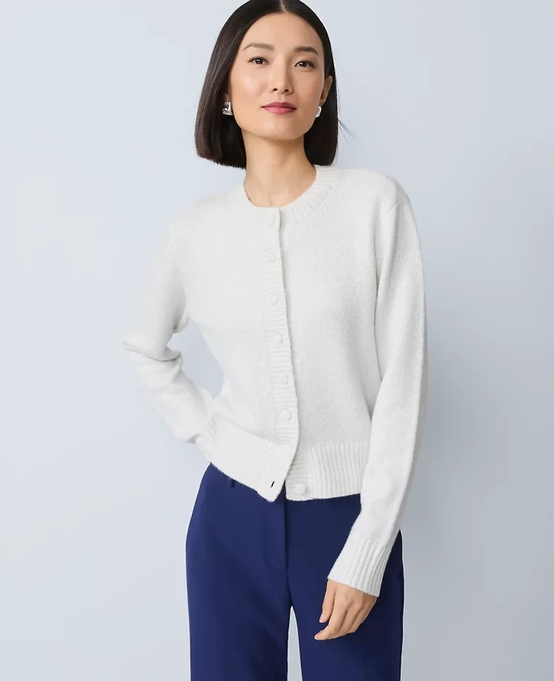 Ann Taylor Shimmer Crew Neck Cardigan Winter White Women's