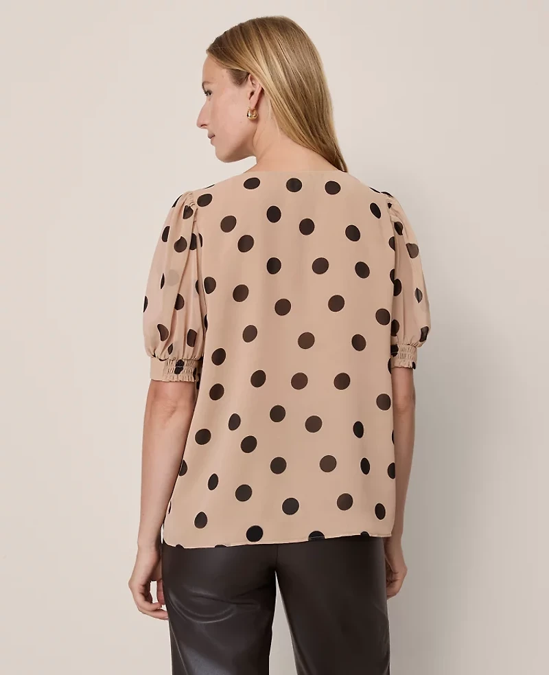 Ann Taylor Dotted V-Neck Popover Top Cafe Au Lait Women's
