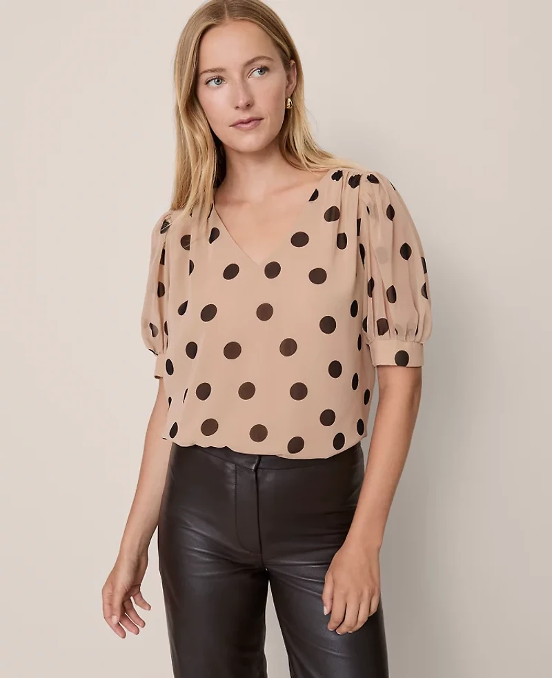 Ann Taylor Dotted V-Neck Popover Top Cafe Au Lait Women's