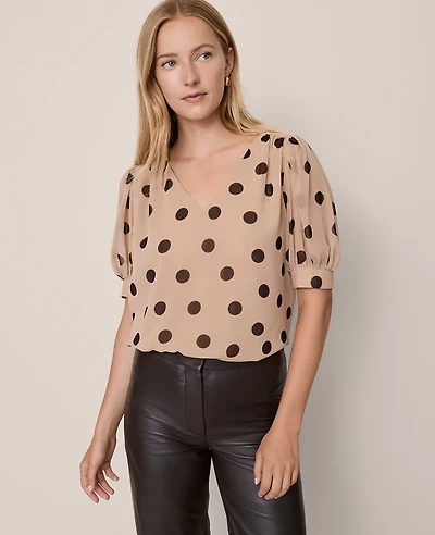 Ann Taylor Dotted V-Neck Popover Top Cafe Au Lait Women's
