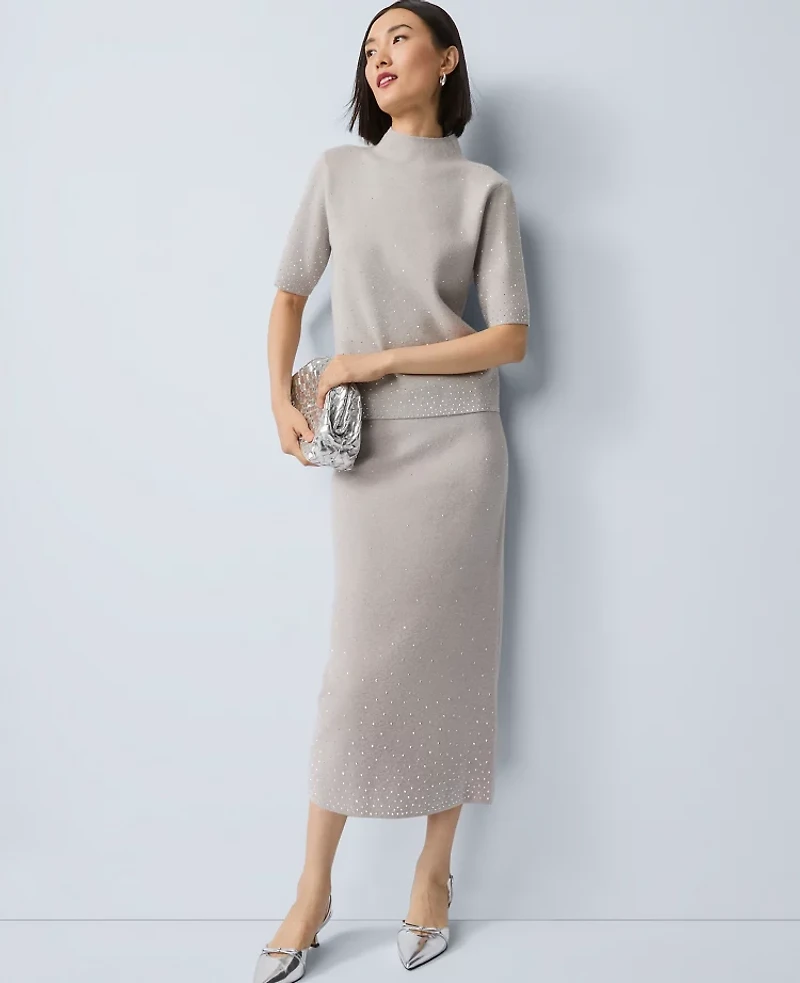 Ann Taylor Embellished Sweater Skirt Medium Light Heather Grey Women's