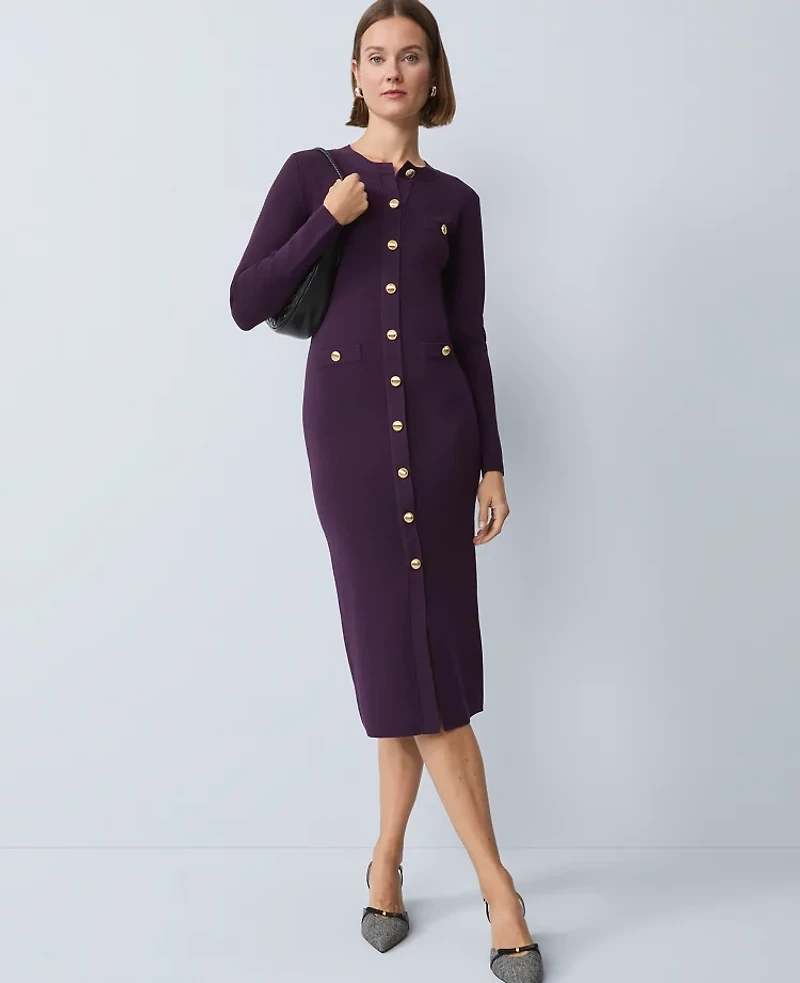 Ann Taylor Crew Neck Button Sweater Dress Aubergine Dream Women's