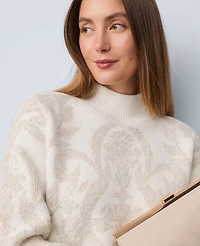 Ann Taylor Shimmer Jacquard Mock Neck Sweater Winter White Women's