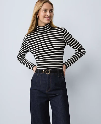 Ann Taylor Weekend Collection Striped Turtleneck Top Black Women's