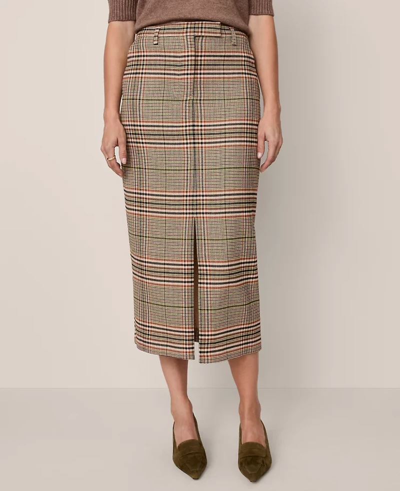 Ann Taylor The Trouser Column Midi Skirt Plaid Pure Chocolate Women's