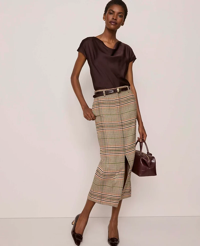 Ann Taylor The Trouser Column Midi Skirt Plaid Pure Chocolate Women's