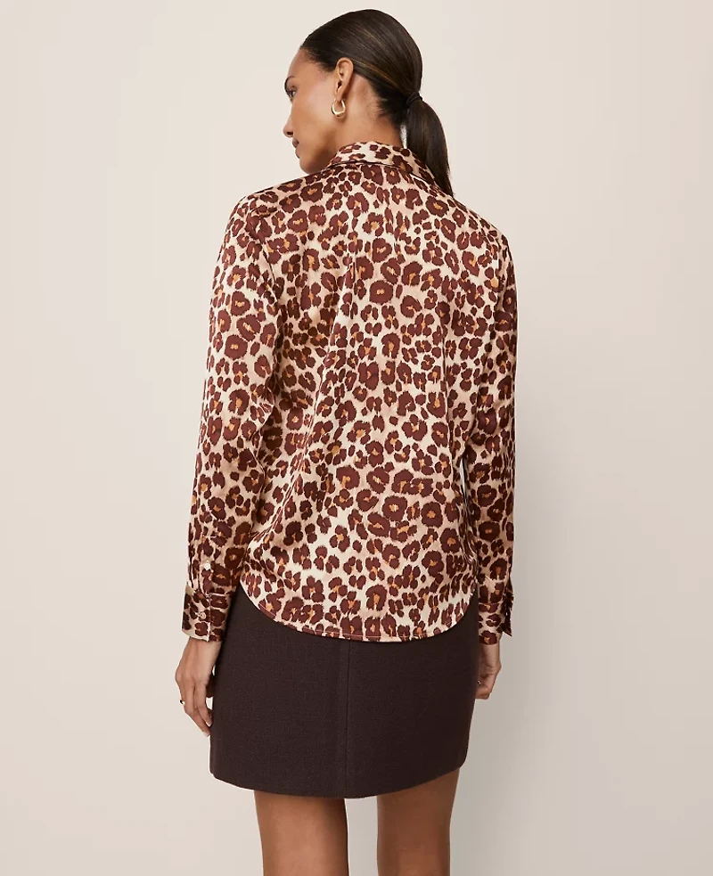 Ann Taylor Animal Print Satin Button Down Shirt Pale Sandalwood Women's