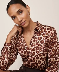 Ann Taylor Animal Print Satin Button Down Shirt Pale Sandalwood Women's