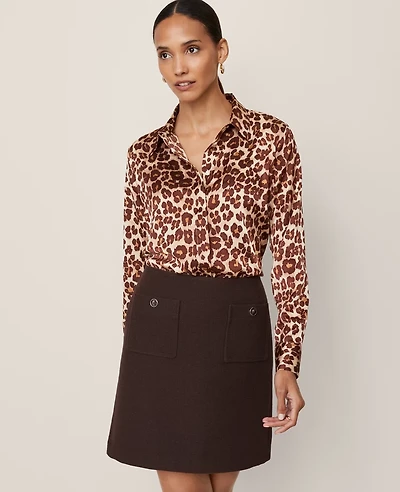 Ann Taylor Animal Print Satin Button Down Shirt Pale Sandalwood Women's
