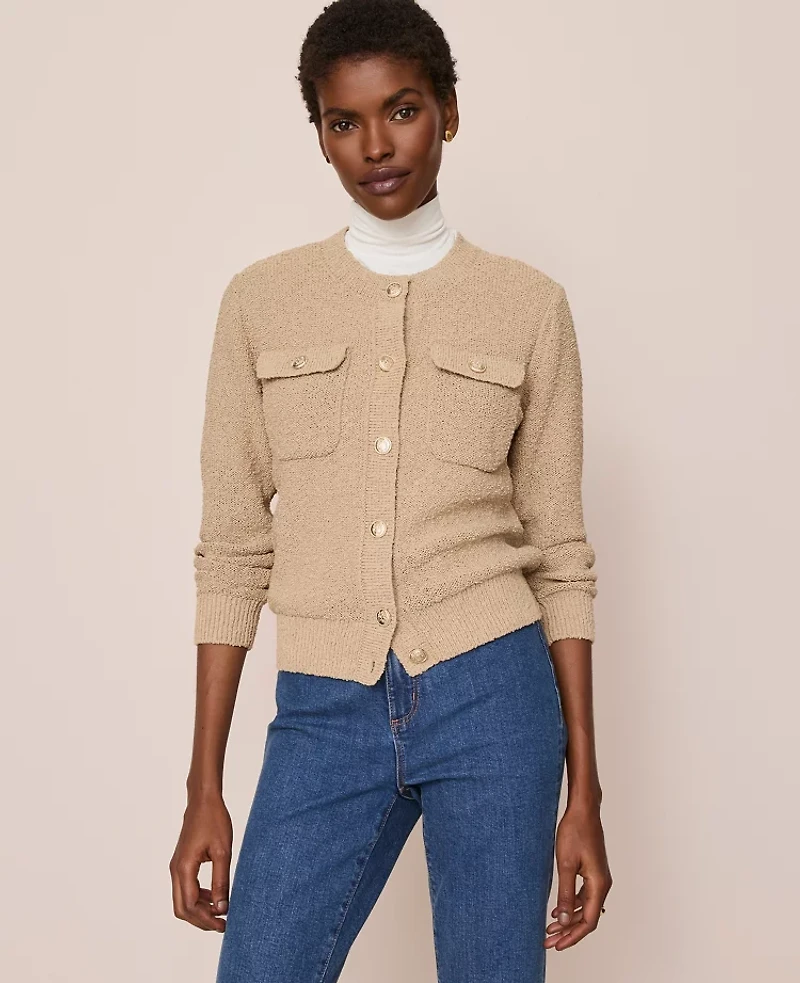 Ann Taylor Bouclé Crew Neck Cardigan Women's