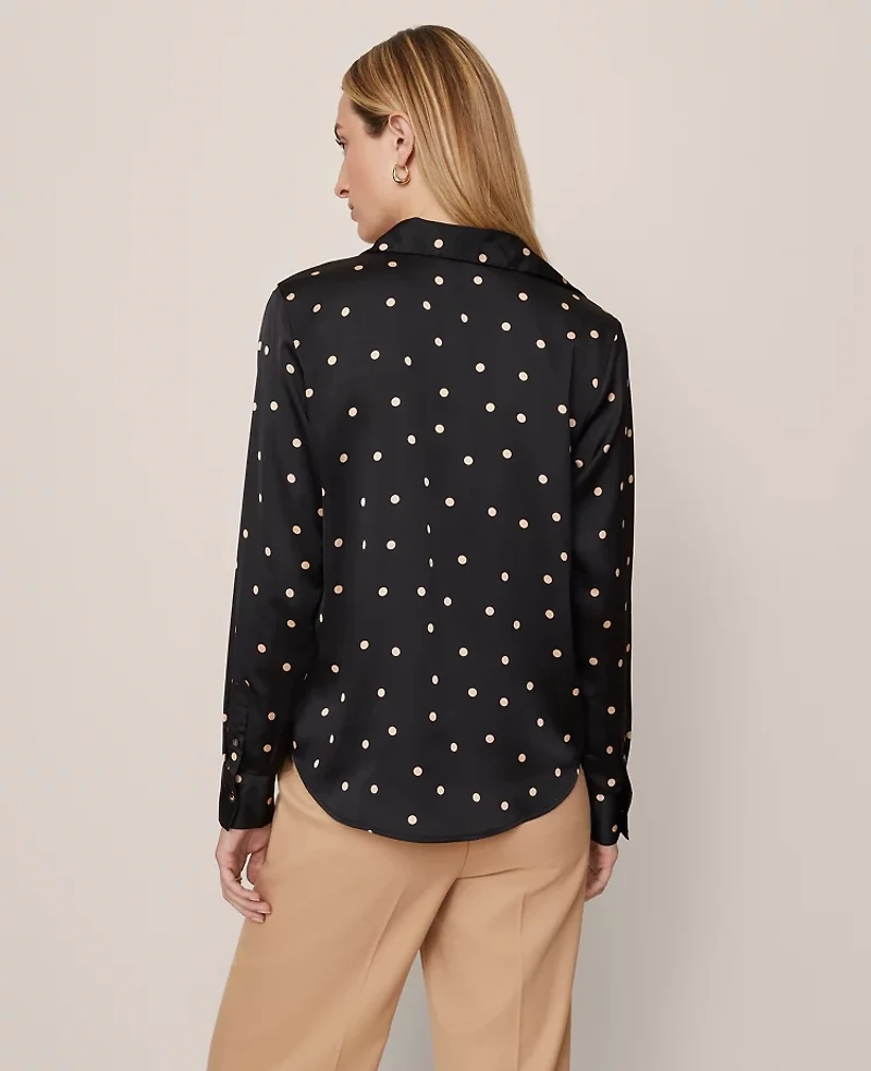 Ann Taylor Dotted Satin Button Down Shirt Cafe Au Lait Women's