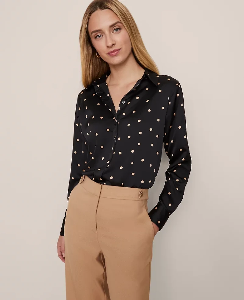 Ann Taylor Dotted Satin Button Down Shirt Cafe Au Lait Women's