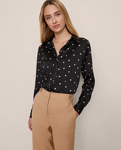 Ann Taylor Dotted Satin Button Down Shirt Cafe Au Lait Women's