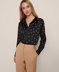 Ann Taylor Dotted Satin Button Down Shirt Cafe Au Lait Women's