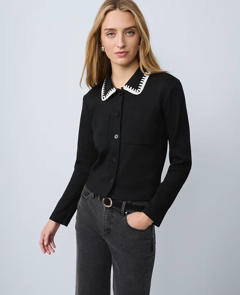 Ann Taylor Weekend Collection Crochet Trim Knit Jacket Black Women's
