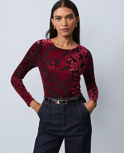 Ann Taylor Floral Velvet Crew Neck Top Black Women's