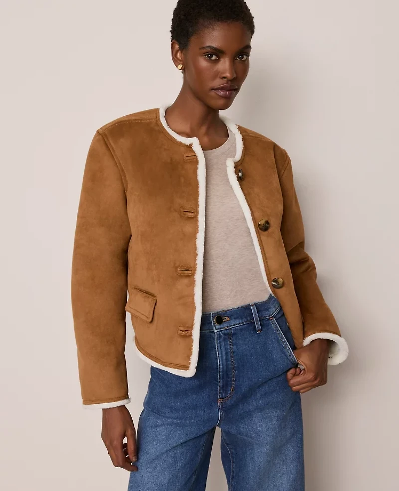 Ann Taylor Faux Suede Crew Neck Jacket White Fur/ Tan Women's