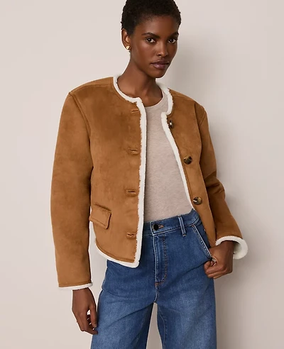 Ann Taylor Faux Suede Crew Neck Jacket White Fur/ Tan Women's