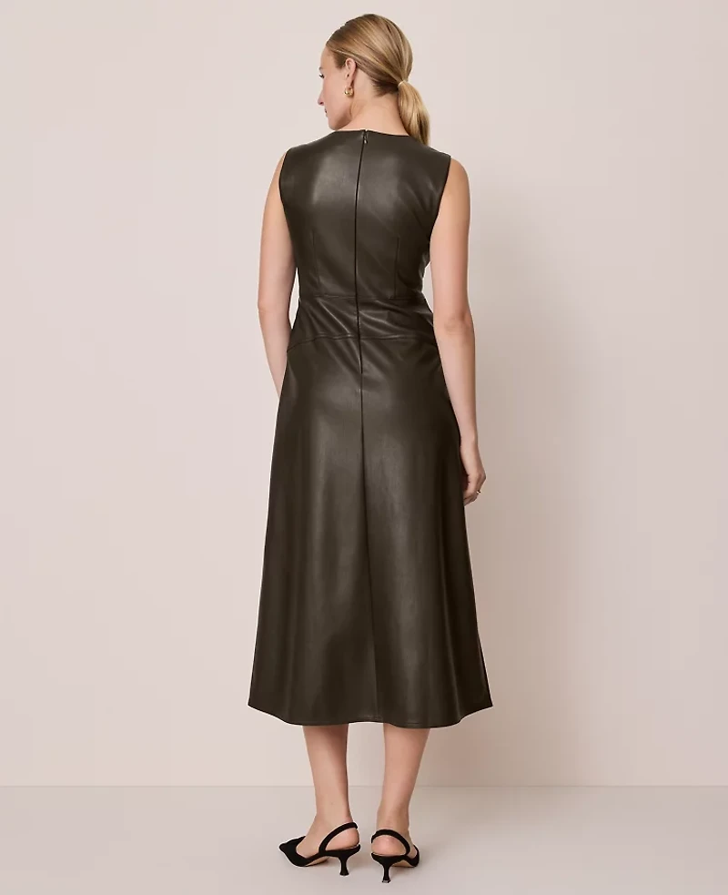 Ann Taylor Faux Leather Flare Midi Dress Pure Chocolate Women's