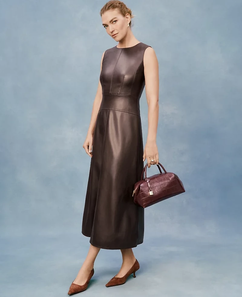 Ann Taylor Faux Leather Flare Midi Dress Pure Chocolate Women's