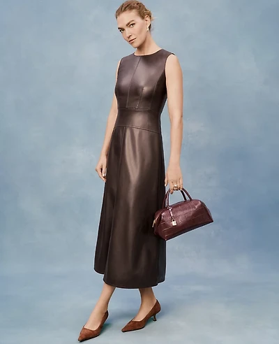 Ann Taylor Faux Leather Flare Midi Dress Pure Chocolate Women's