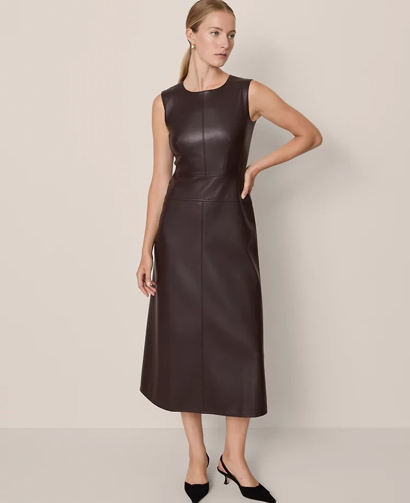 Ann Taylor Faux Leather Flare Midi Dress Pure Chocolate Women's
