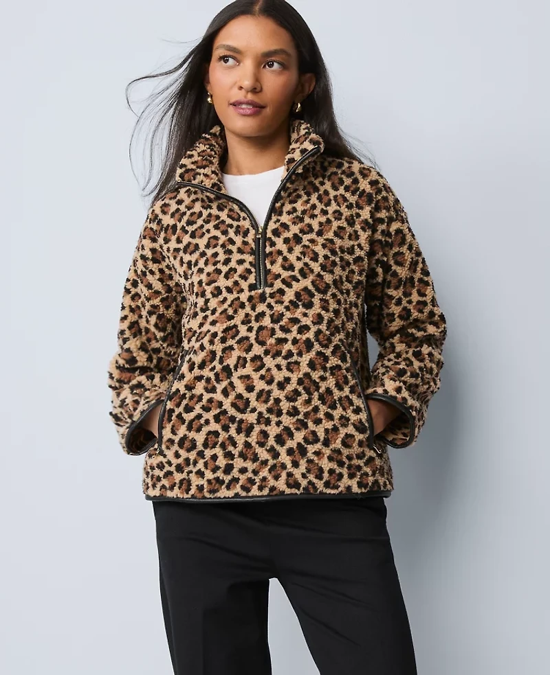 Ann Taylor Weekend Collection Animal Print Sherpa Pullover Cafe Au Lait Women's